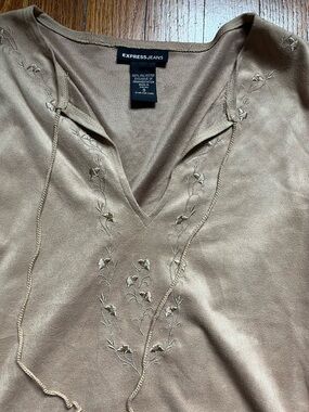 Express Jeans Embroidered V-Neck Tunic in Light Brown
